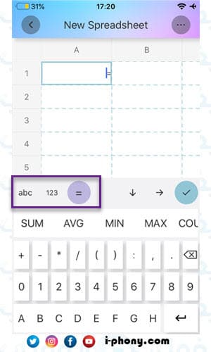 لوحة المفاتيح في تطبيق simple spreadsheet لتصميم جداول بالايفون