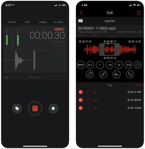 لقطات شاشة من تطبيق AVR لتسجيل الصوت واضافة المؤثرات للايفون