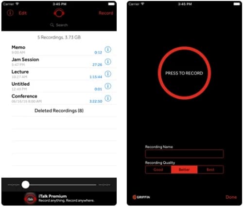 لقطات شاشة من برنامج تسجيل الصوت للايفون iTalk