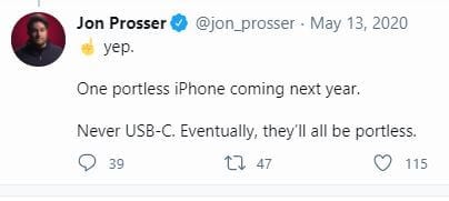 تغريدة المسرب جون بروسر بخصوص آيفون بدون منافذ
