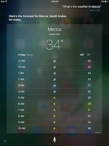 واجهة المساعد الشخصي Siri التحقق من حالة الطقس في أي بلد في العالم