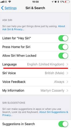 ضبط لغة Siri