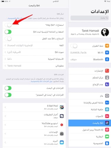 واجهة خيارات إعدادات Siri