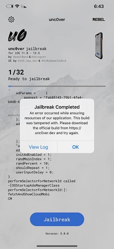 مكشلة Jailbreak Completed في جلبريك انكفر 13.5 الاصدار 5.0.0