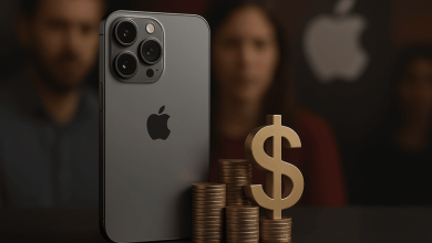 هاتف آيفون حديث بجانب شعار شركة آبل، مع خلفية توحي بارتفاع الأسعار والقلق لدى المستخدمين