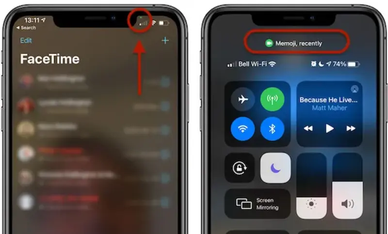 عند بدء مكالمة فيديو عبر FaceTime، تظهر النقطة الخضراء أعلى الشاشة